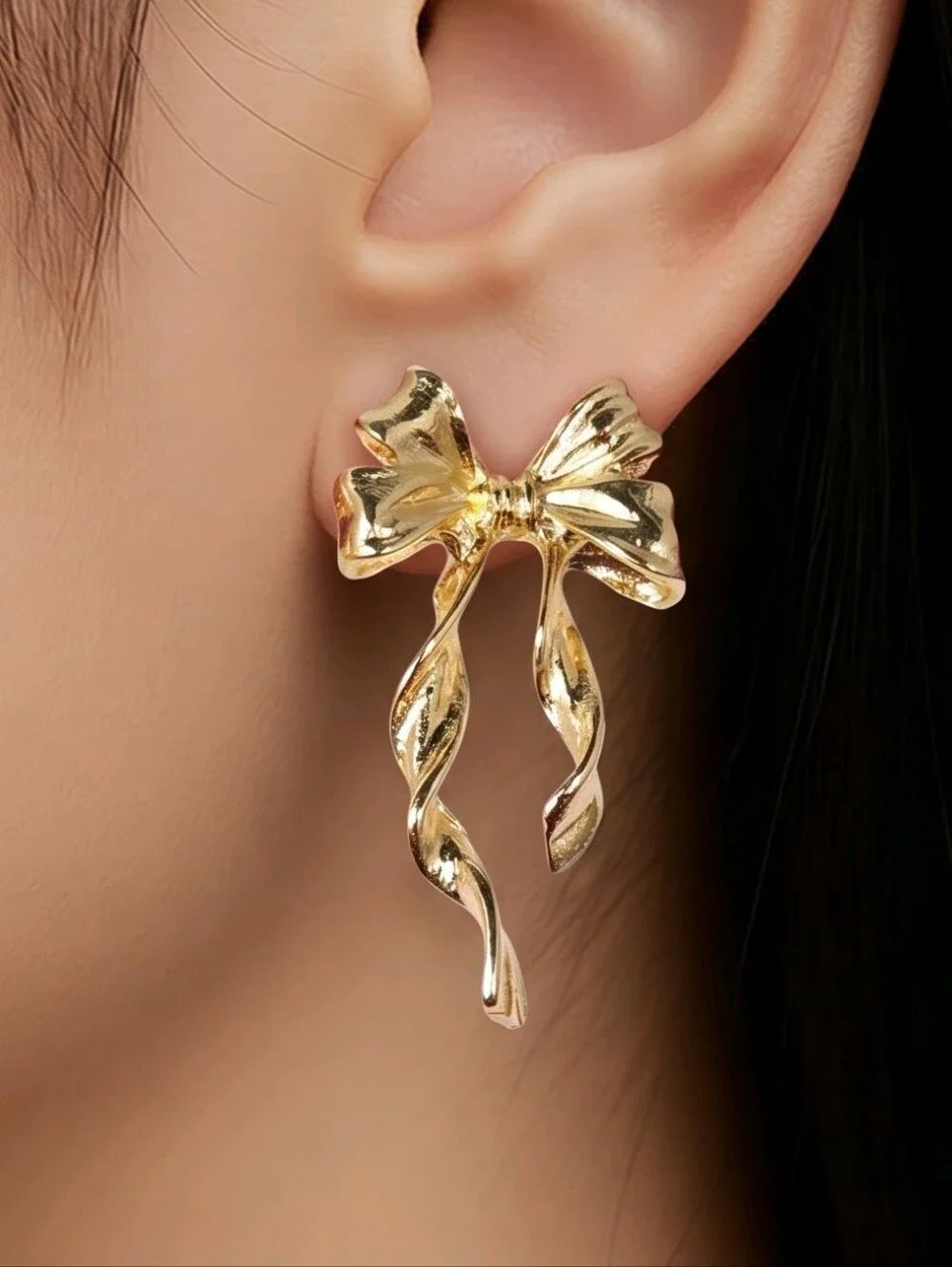 Gold Bow Earrings Designer Inspired Ribbon Studs Feminine Coquette Jewelry Gift